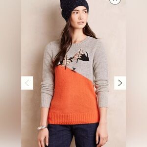Anthropologie Sleeping on Snow Downhill Orange Sweater Wool Blend Embroidered L